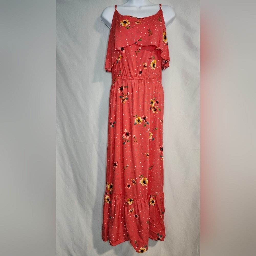 Peyton & Parker Womens Maxi Dress Size XL Coral Floral Dots Ruffle Bloomcore‎